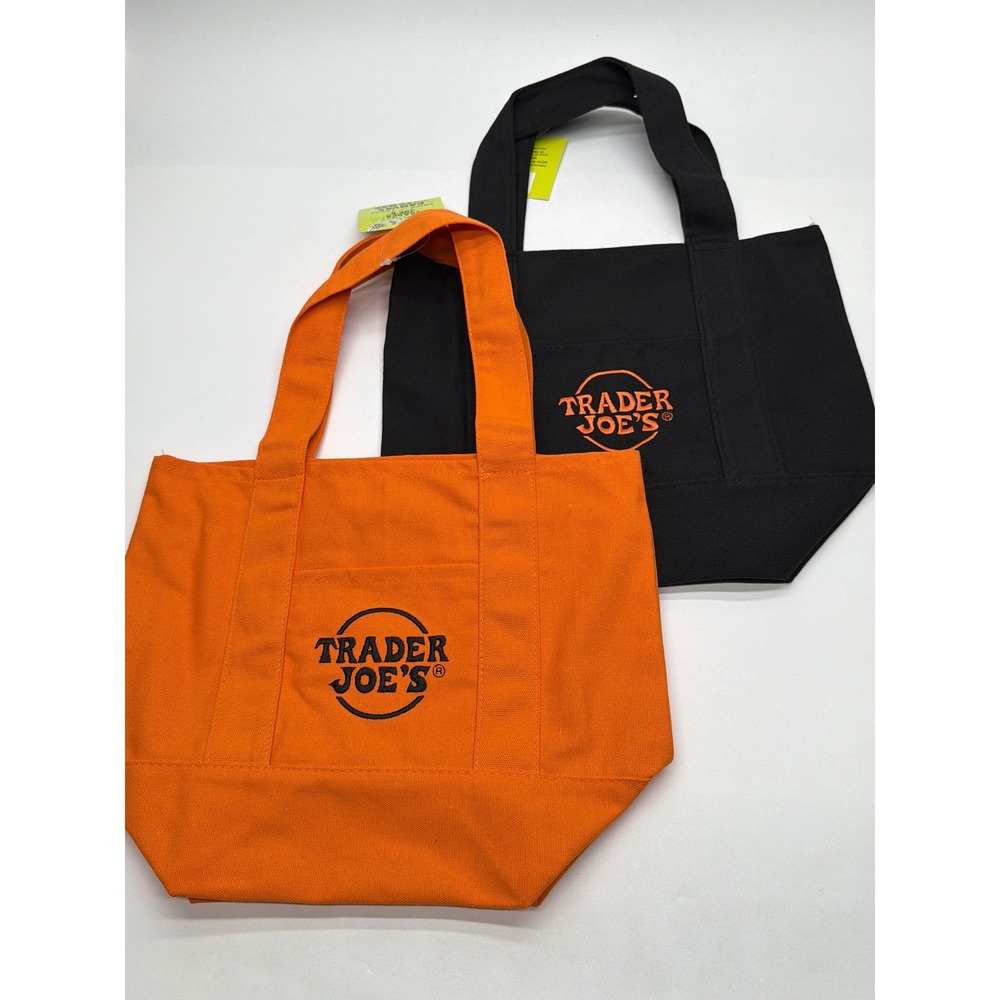 Trader Joe's Mini Canvas Tote Bag Set Orange and Black Limited Edition 2 Pack